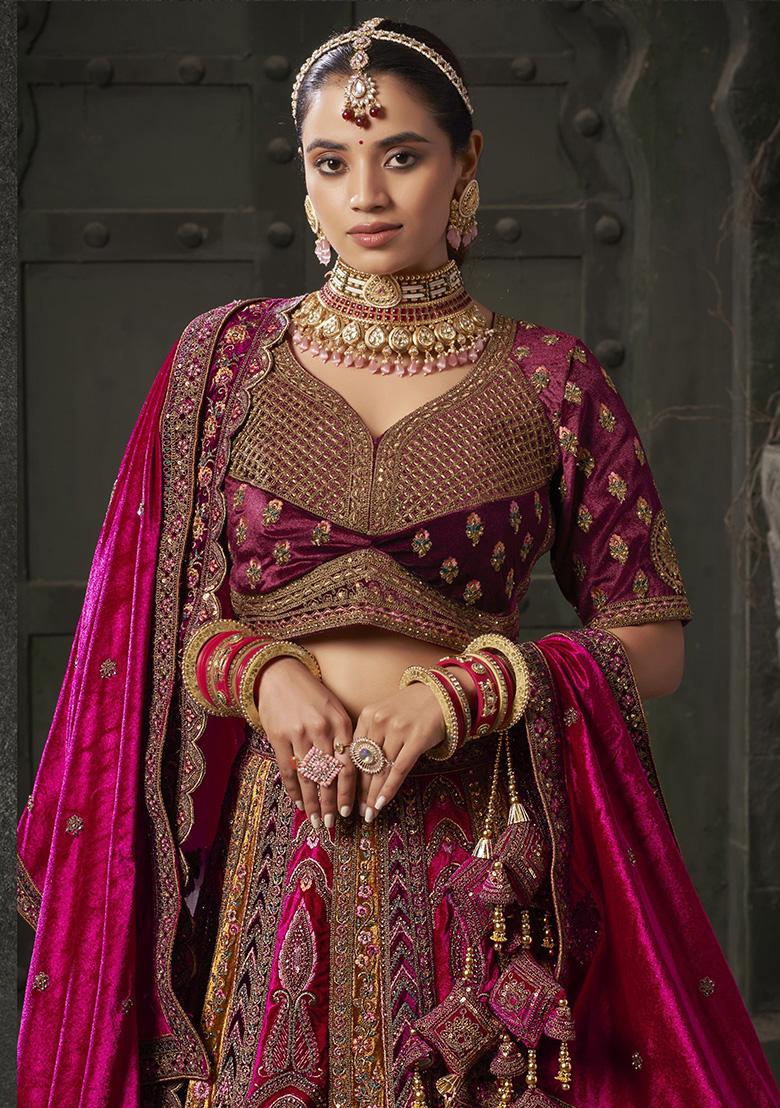 Pink Embroidered Velvet Lehenga Set