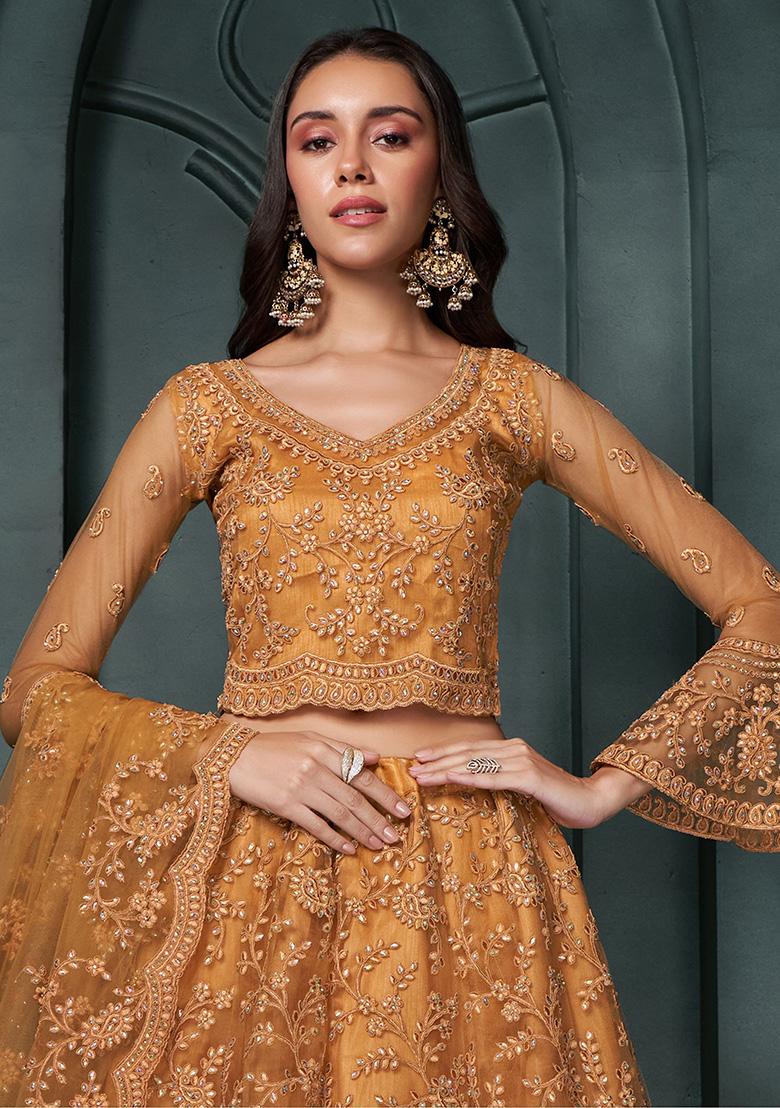 Orange Embroidered Net Lehenga Set