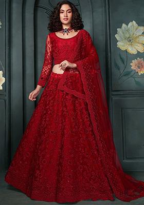 Red Embroidered Net Lehenga Set