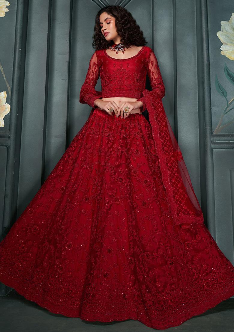 Red Embroidered Net Lehenga Set
