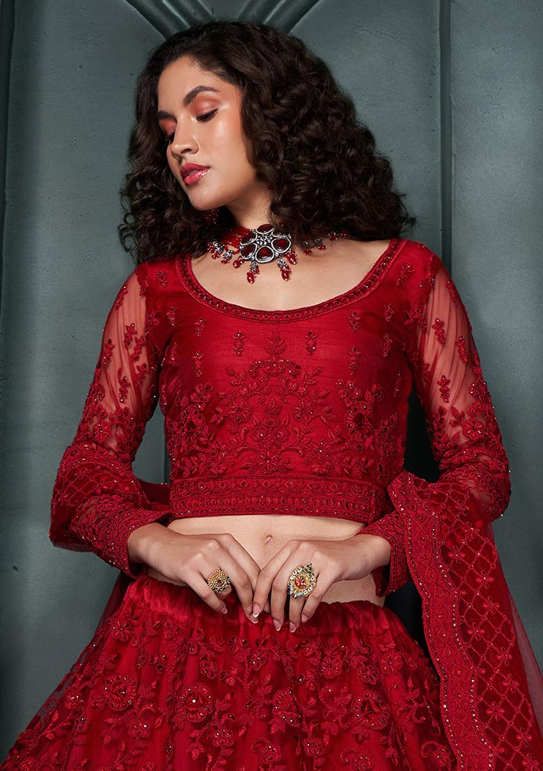 Red Embroidered Net Lehenga Set