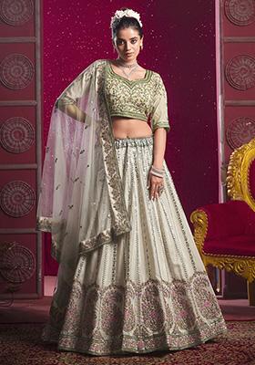 Cream Embroidered Silk Lehenga Set