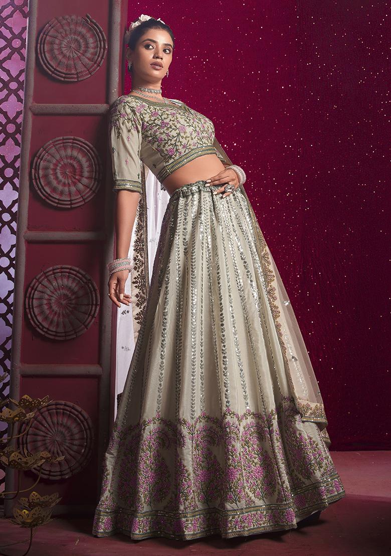 Cream Embroidered Silk Lehenga Set