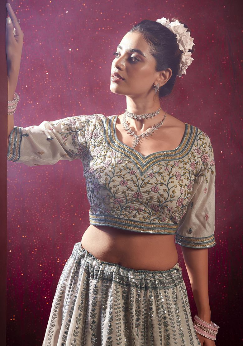 Cream Embroidered Silk Lehenga Set