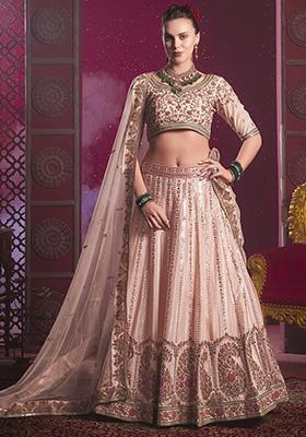 Peach Embroidered Silk Lehenga Set