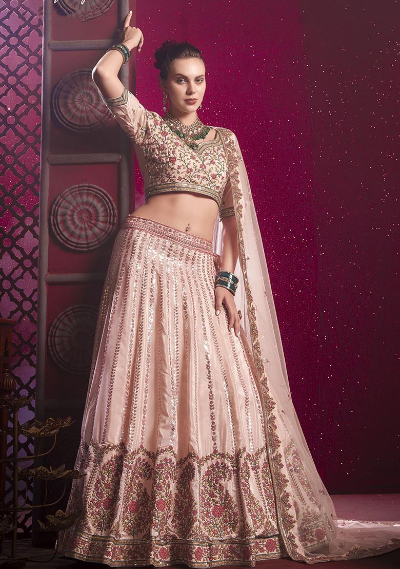 Peach Embroidered Silk Lehenga Set