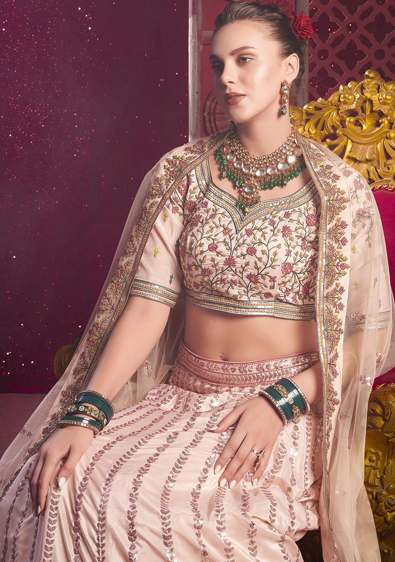 Peach Embroidered Silk Lehenga Set