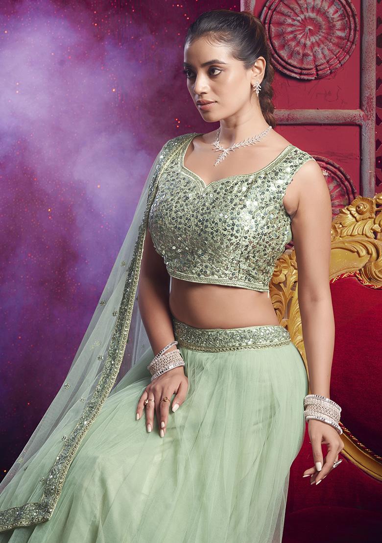 Green Sequin Embroidered Net Lehenga Set