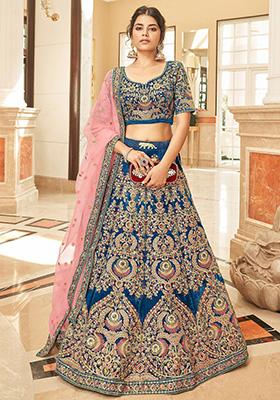 Blue Embroidered Velvet Lehenga Set