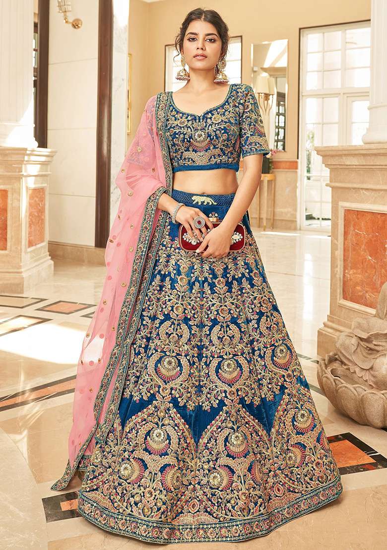 Blue Velvet Lehenga Set with Embroidered for Diwali | Wedding & Festive Wear - Indya