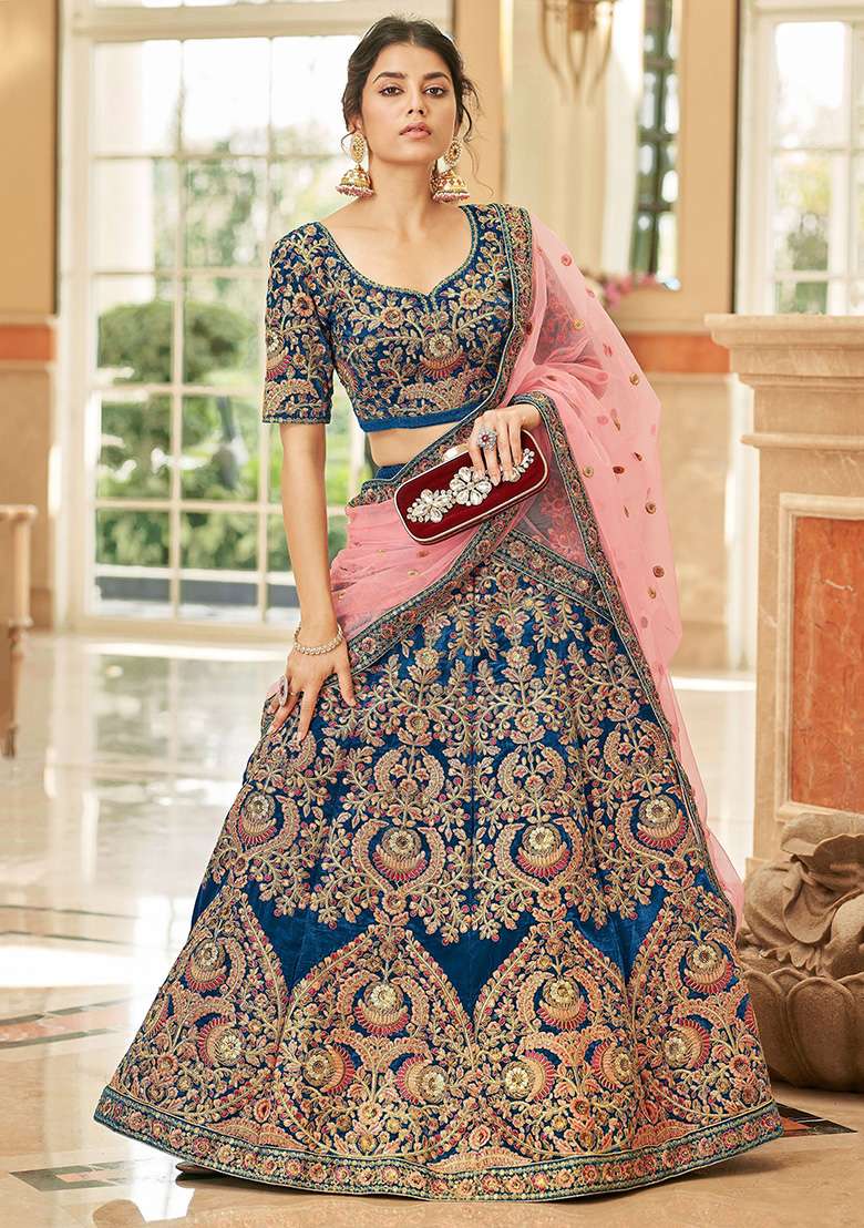 Blue Velvet Lehenga Set with Embroidered for Diwali | Wedding & Festive Wear - Indya