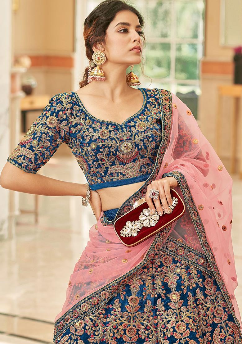 Blue Embroidered Velvet Lehenga Set