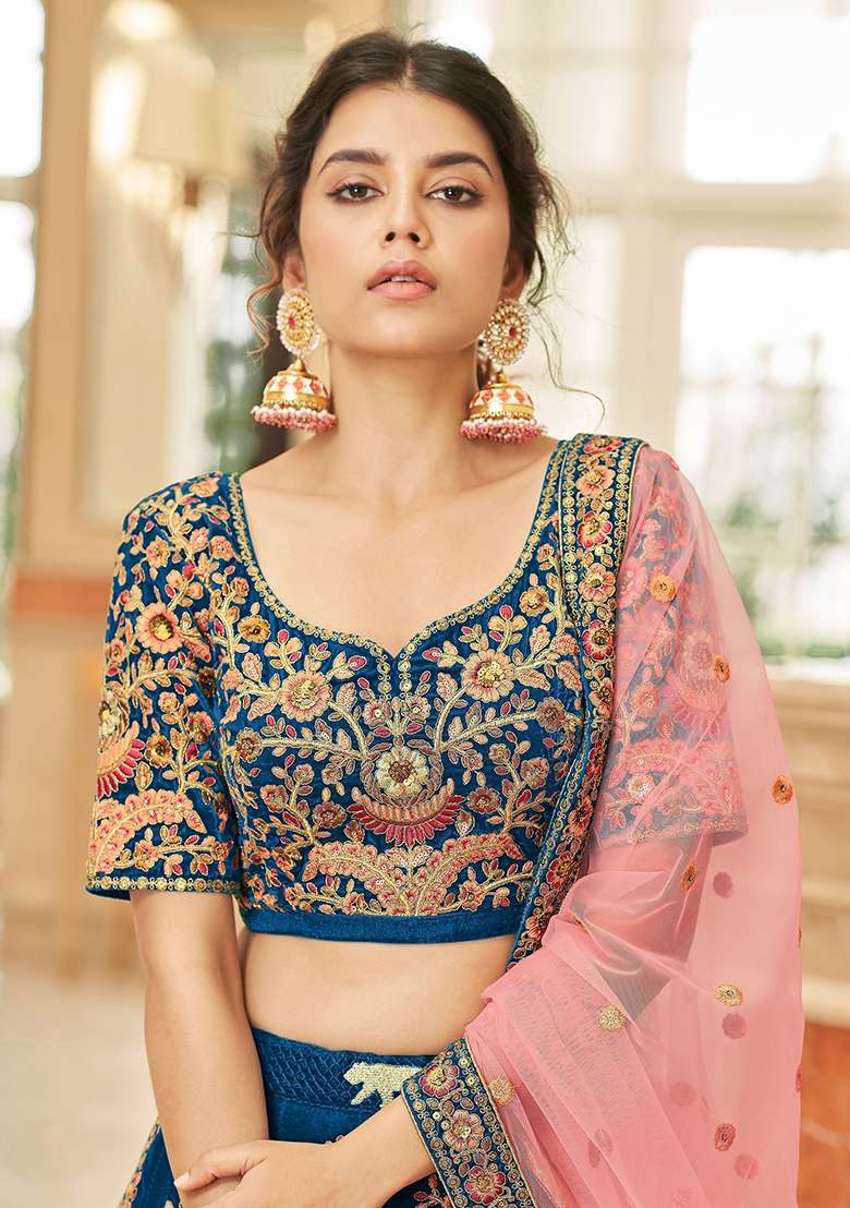 Blue Velvet Lehenga Set with Embroidered for Diwali | Wedding & Festive Wear - Indya