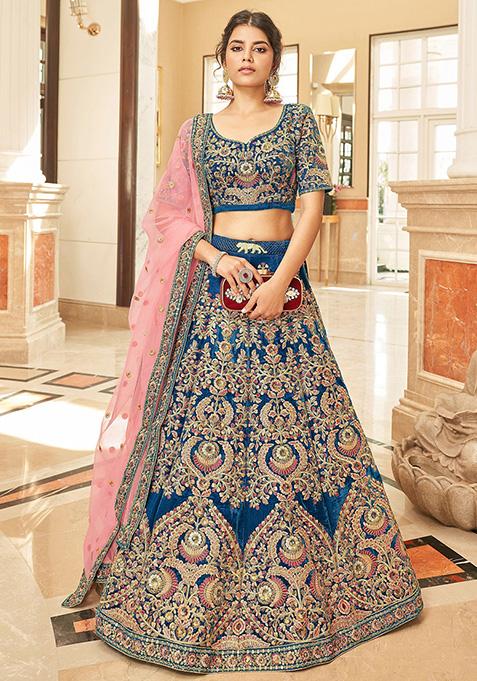 Blue Embroidered Velvet Lehenga Set