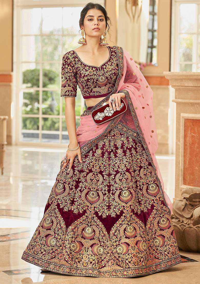 Maroon Velvet Lehenga Set with Embroidered for Diwali | Wedding & Festive Wear - Indya