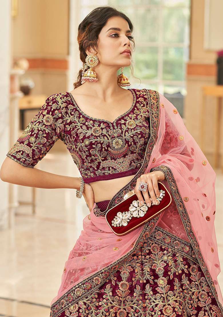 Maroon Velvet Lehenga Set with Embroidered for Diwali | Wedding & Festive Wear - Indya