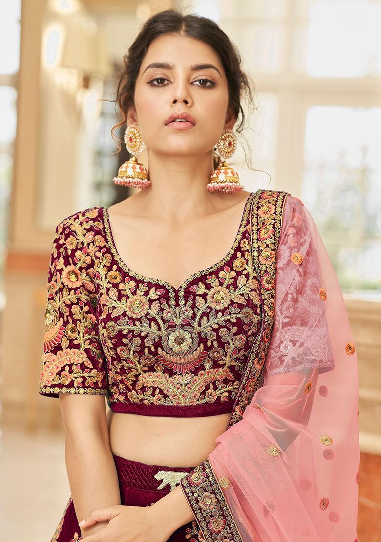 Maroon Embroidered Velvet Lehenga Set