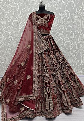 Maroon Embroidered Velvet Lehenga Set