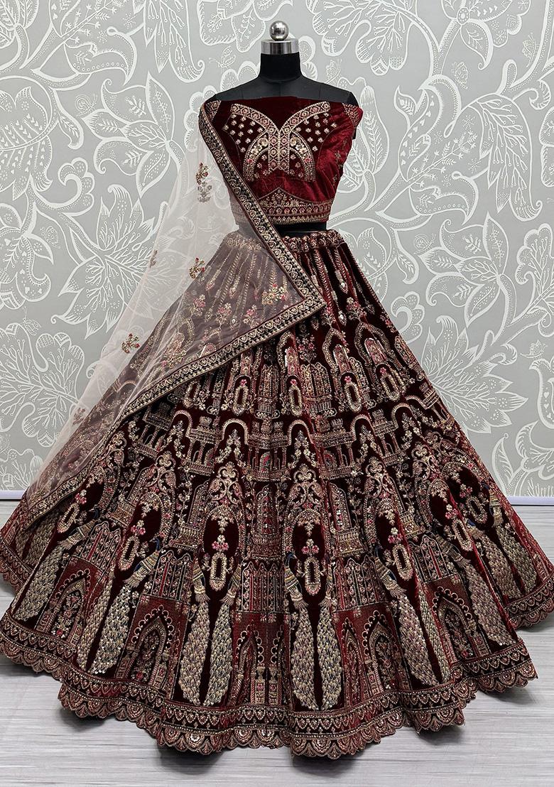 Maroon Embroidered Velvet Lehenga Set