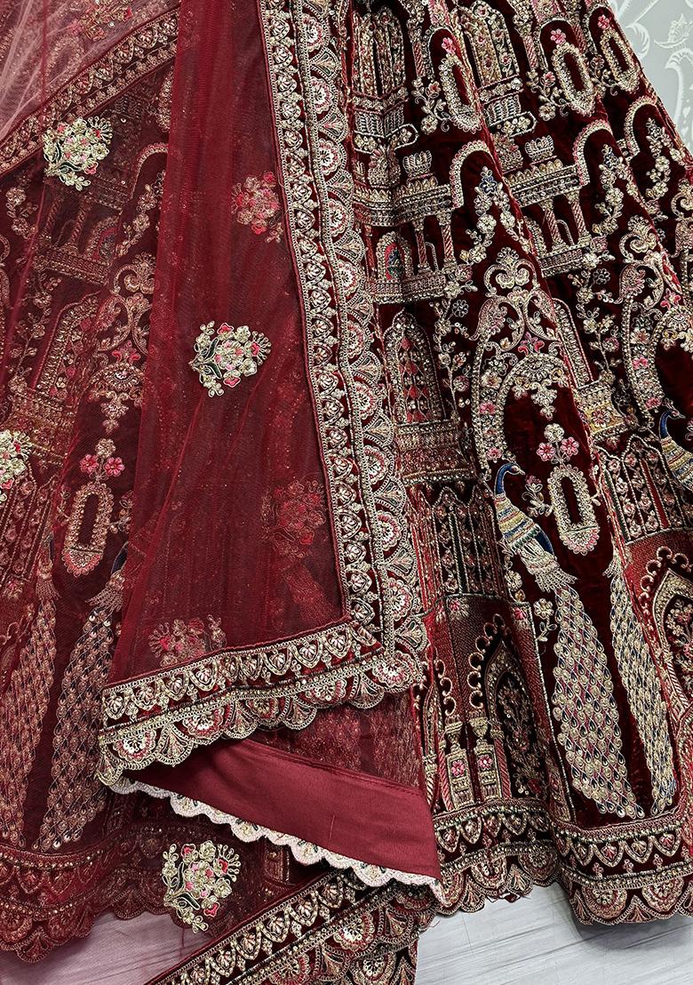 Maroon Embroidered Velvet Lehenga Set