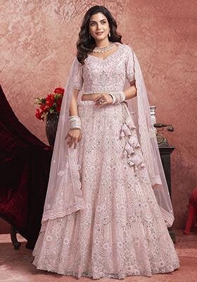 Pink Mirror Work Net Lehenga Set