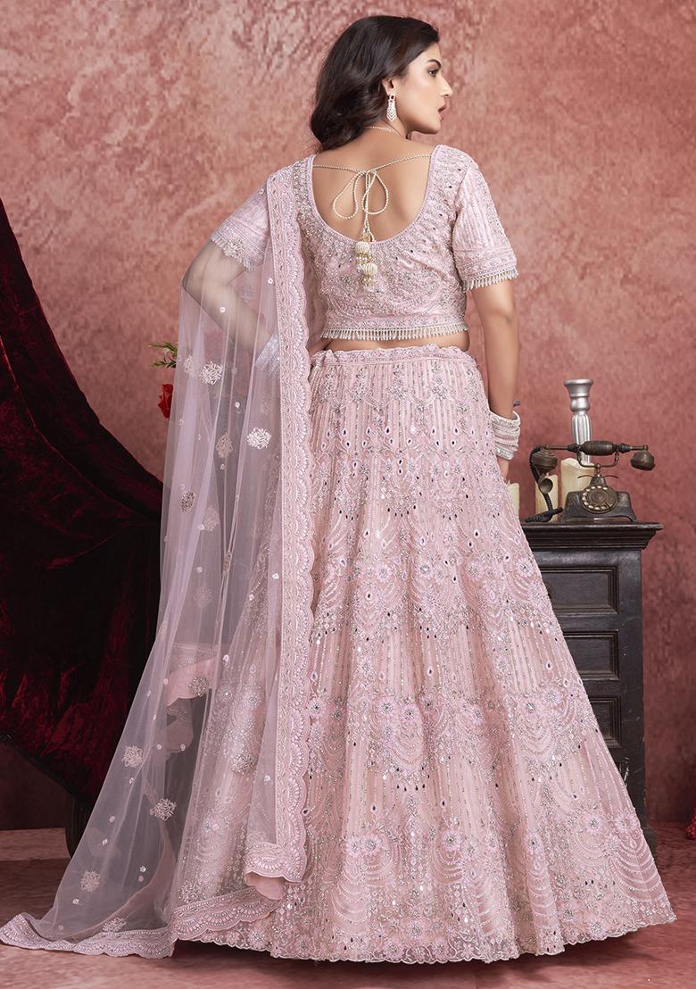 Pink Mirror Work Net Lehenga Set
