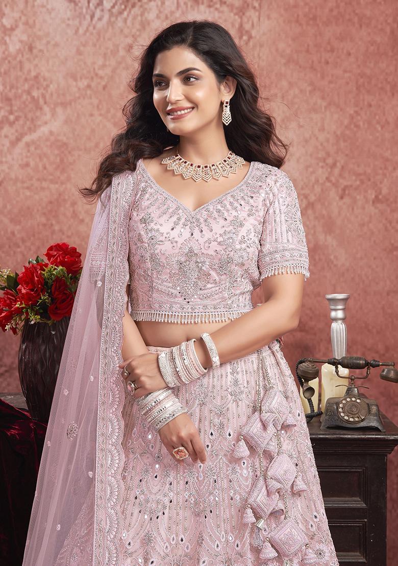 Pink Mirror Work Net Lehenga Set