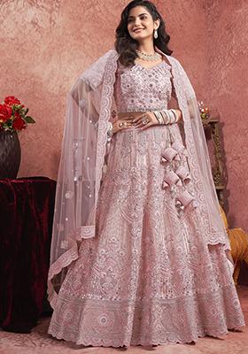 Pink Mirror Work Net Lehenga Set