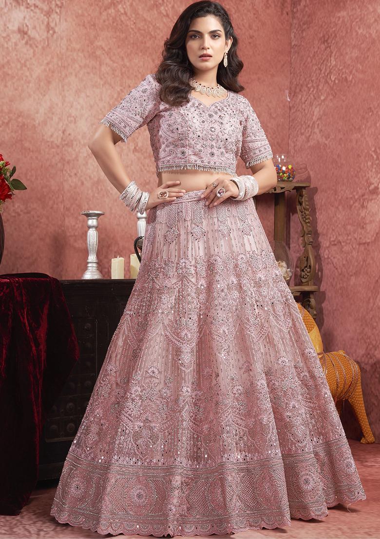 Pink Mirror Work Net Lehenga Set