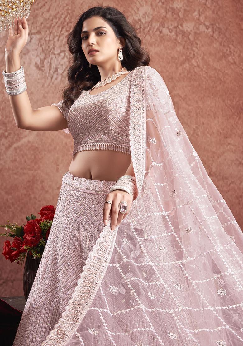 Pink Sequin Embroidered Net Lehenga Set