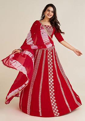 Red Embroidered Georgette Lehenga Set