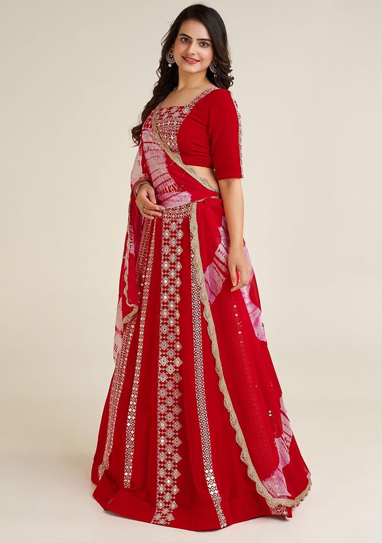 Red Embroidered Georgette Lehenga Set
