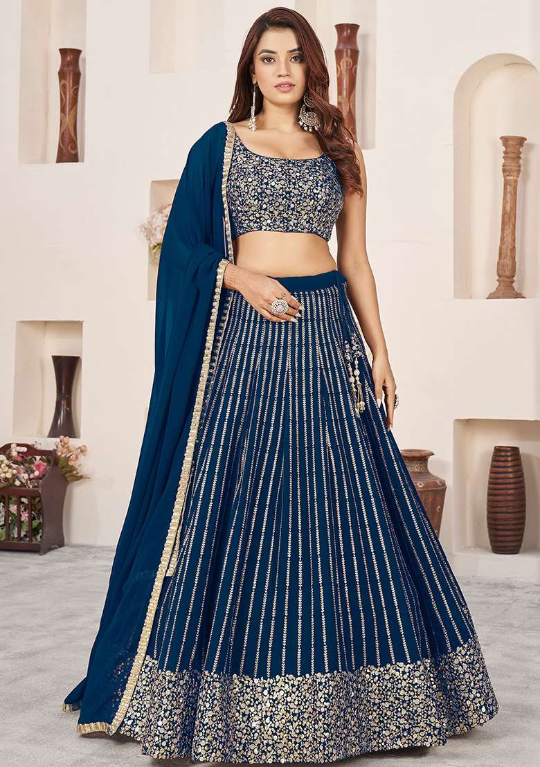 Blue Georgette Lehenga Set with Embroidered & Sequin for Diwali | Wedding & Festive Wear - Indya
