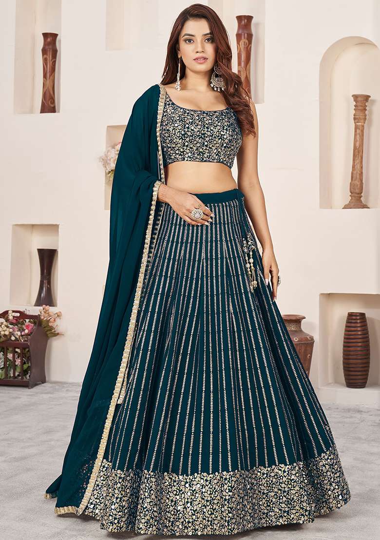Green Sequin Embroidered Georgette Lehenga Set for Diwali and Festive Wear - Indya