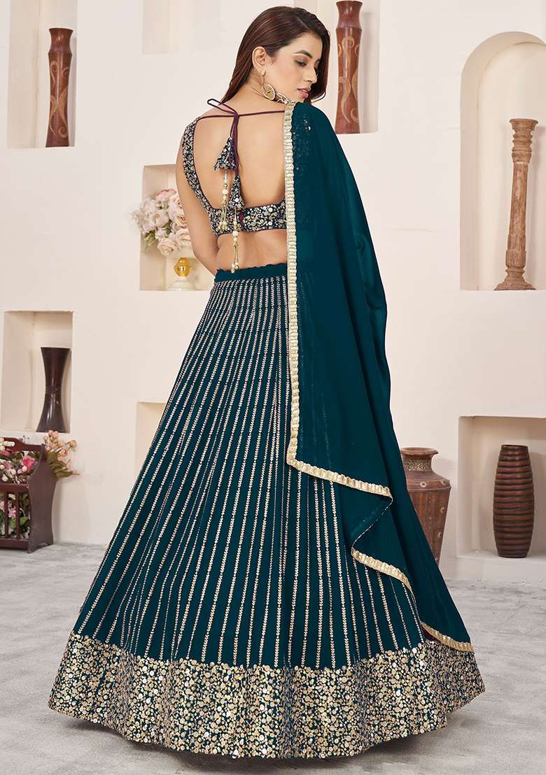 Green Sequin Embroidered Georgette Lehenga Set for Diwali and Festive Wear - Indya