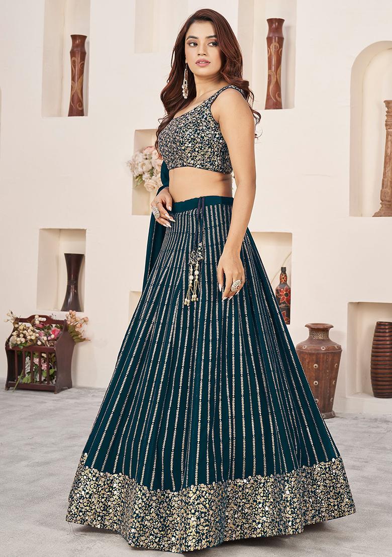 Green Sequin Embroidered Georgette Lehenga Set
