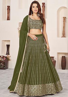 Green Sequin Embroidered Georgette Lehenga Set