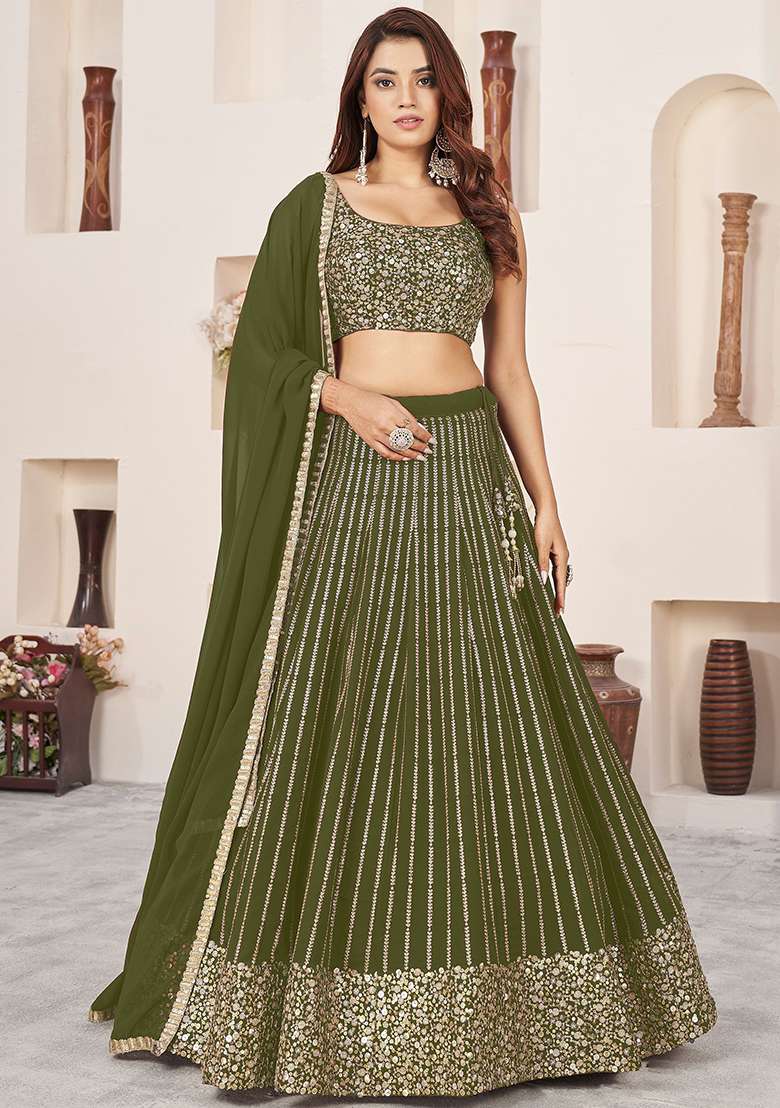 Green Georgette Lehenga Set with Embroidered & Sequin for Diwali | Wedding & Festive Wear - Indya