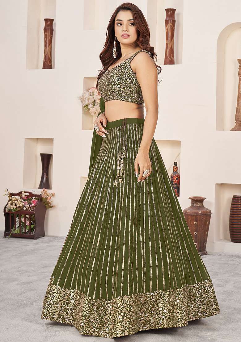 Green Georgette Lehenga Set with Embroidered & Sequin for Diwali | Wedding & Festive Wear - Indya