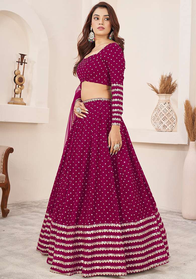 Pink Sequin Embroidered Georgette Lehenga Set for Diwali and Festive Wear - Indya