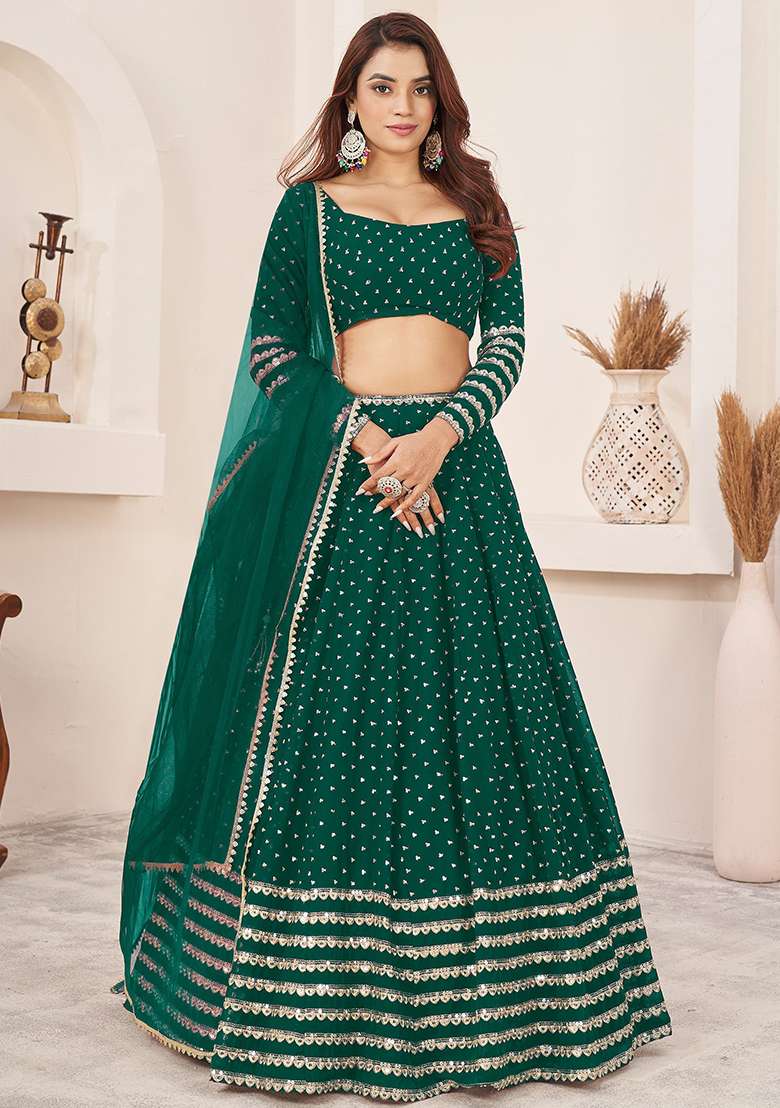 Green Sequin Embroidered Georgette Lehenga Set for Diwali and Festive Wear - Indya