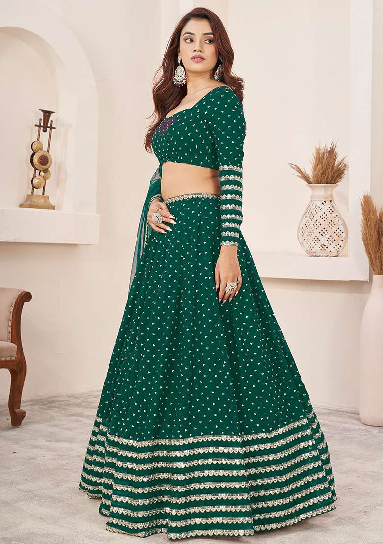 Green Sequin Embroidered Georgette Lehenga Set for Diwali and Festive Wear - Indya