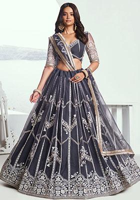 Grey Embroidered Net Lehenga Set