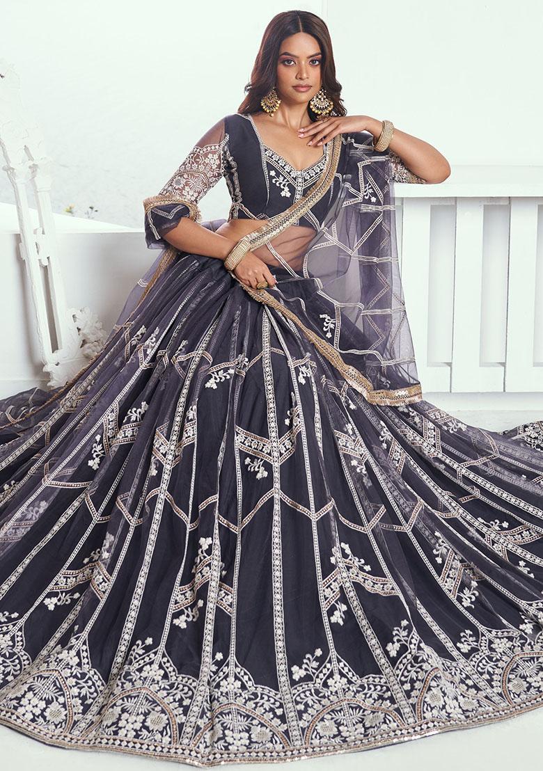 Grey Embroidered Net Lehenga Set