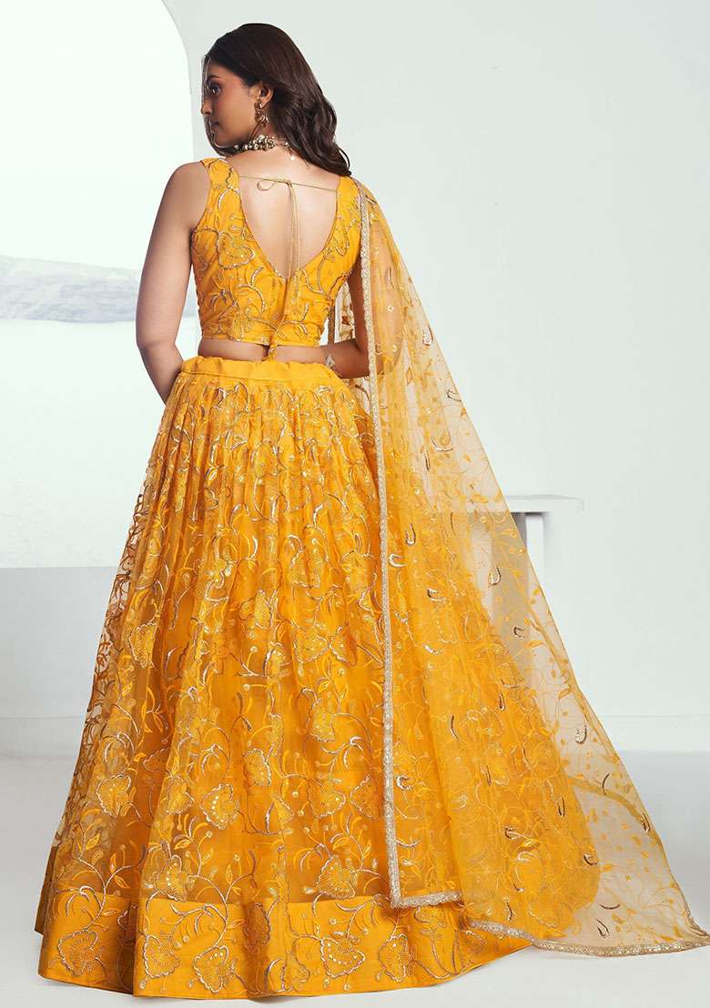 Yellow Net Lehenga Set with Embroidered for Diwali | Wedding & Festive Wear - Indya