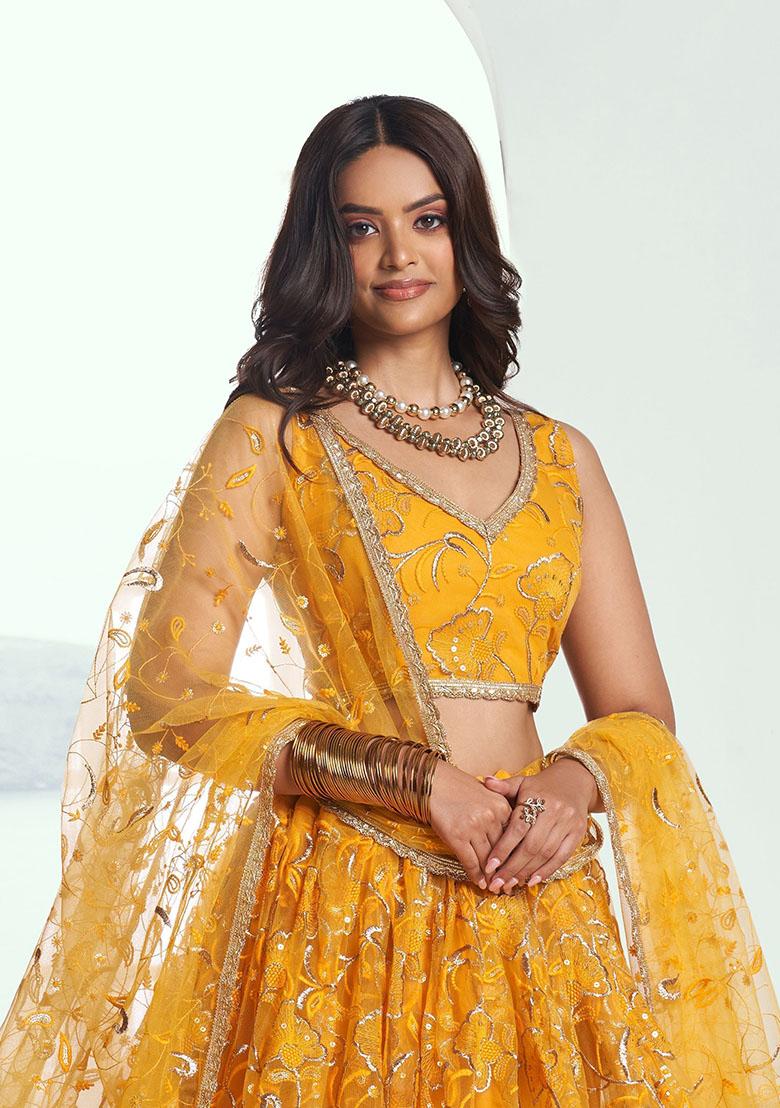 Yellow Embroidered Net Lehenga Set