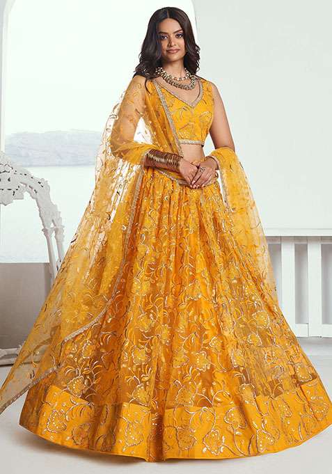 Yellow Net Lehenga Set with Embroidered for Diwali | Wedding & Festive Wear