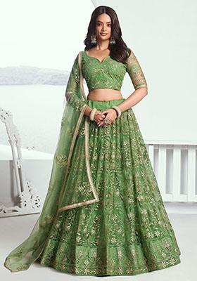 Green Embroidered Net Lehenga Set