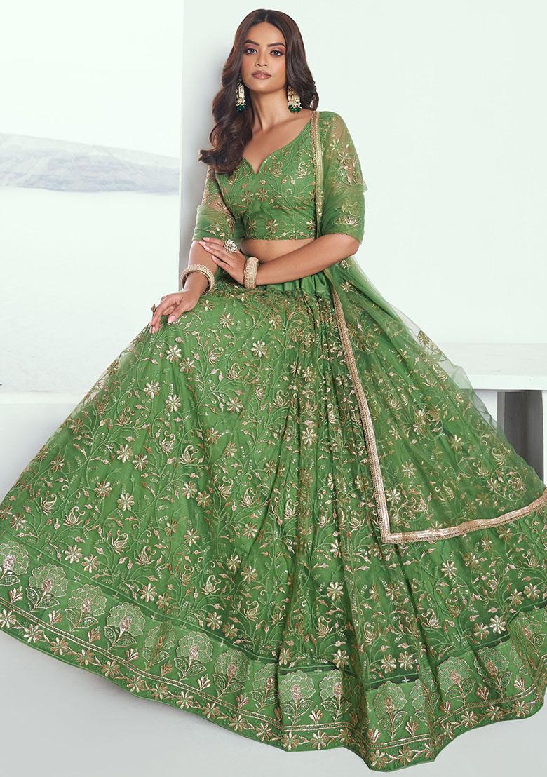 Green Embroidered Net Lehenga Set