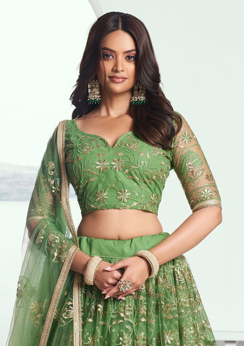Green Embroidered Net Lehenga Set